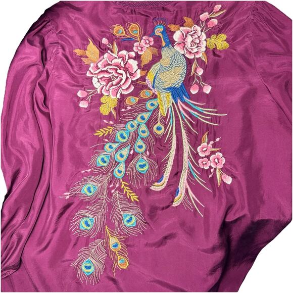 Johnny Was Workshop XL Purple Silk Peacock Quito Blouse Embroidery Button V Neck - Picture 8 of 12
